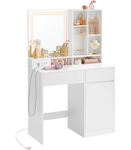 COSTWAY Make-uptafel met spiegel en 3 modi verlichting, kaptafel met gestoffeerde kruk, stopcontacten, verstelbaar rek en kast, make-uptafel voor slaapkamer, 90 x 40 x 135,5 cm COSTWAY Make-uptafel met spiegel en 3 modi verlichting, kaptafel met gestoffeerde kruk, stopcontacten, verstelbaar rek en kast, make-uptafel voor slaapkamer, 90 x 40 x 135,5 cm