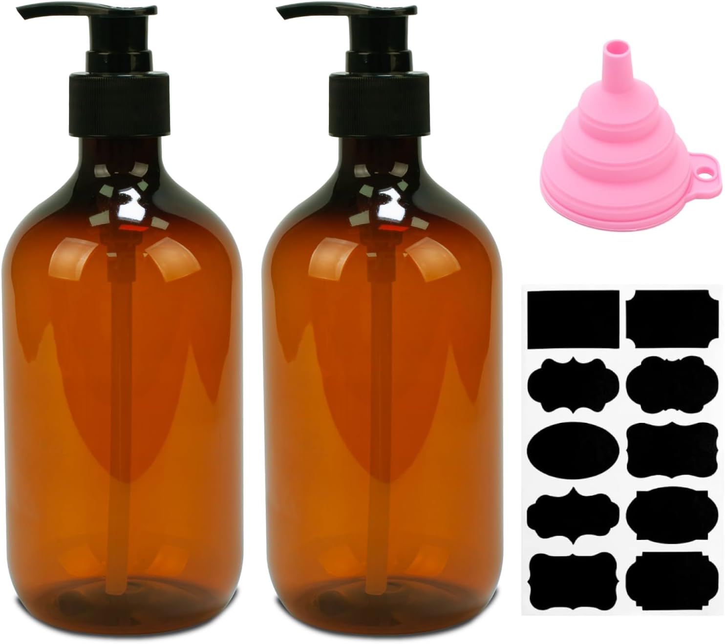 2 Pcs Dispensador Jabon Baño, 500 ML Dispensador Jabon Cocina con Bomba, Botes para Gel y Champu Ducha, Dispensador de Jabón Líquido para Cocina y Baño Champúcon Embudo y Etiquetas (marrón)