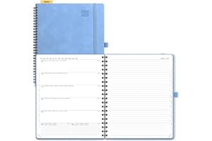 POPRUN Academic 2024-2025 Diary Week to View Large Spiral Bound PU Leather Soft Cover 26.5 x 21.5 cm - 24/25 Mid Year Weekly Planner & Notebook in One, Monthly Tab (Cyan Blue)