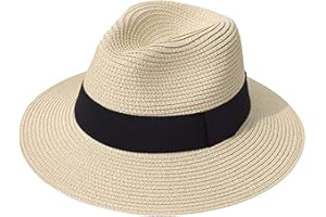 DRESHOW Women Wide Brim Straw Panama Roll up Hat Fedora Beach Sun Hat UPF 50+