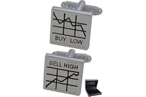 COLLAR AND CUFFS LONDON - Gemelli Di ALTA QUALITÀ e SCATOLA REGALO - Ottone - Buy Low, Sell High - Colori Argento e Nero - Titoli e Azioni Finanza Quadrati Banchiere Agente di Cambio