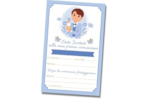 PRINTSERVIS 20 Biglietti Inviti Festa della prima Prima Comunione bimbo/bimba, Grafica a Scelta, personalizzabili con Nome, Data e Luogo (Bimbo Cappelli Castani)