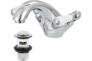HEXMIXER Victoria Bathroom Sink Tap for Basin with Pop Up Sink Plug Dual Handle Chrome Brass Swan Neck Bathroom Tap Mixer Traditional Basin Mixer Tap 032ACR