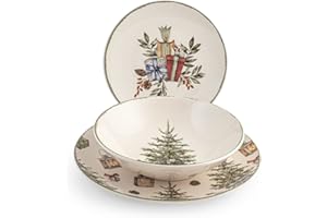 H&H Servizio Tavola 18 Pezzi Christmas Carol – Piatti in Stoneware Natalizi, Forma Coupe Elegante, Include Piatti Piani, Fondi e da Frutta – Stoviglie Natalizie per Casa, Feste, Regalo