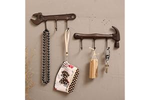 AFUDER Retro Colgador Llaves-3 Ganchos-Decoración de Hierro Antiguo Cuelga Llaves-Metal Marrón Antiguo Portallaves Pared - Martillo y Llave 2 Ganchos de Hierro Fundido