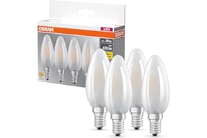 OSRAM LED BASE B40, pack avantage de 4 lampes, remplace les ampoules 40W classiques, 4W, blanc chaud (2700K), verre mat, non dimmable, forme de bougie, E14