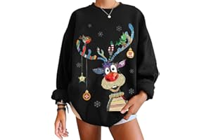 ORANDESIGNE Pull de Noël Femme Sweat Cadeaux Hiver Oversize Sweat-Shirt Manches Longues Tee Shirt Haut Ample Col Rond Noël Hiver Chaud Chic Ample Sweater Tops Sweatshirt
