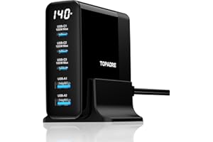 TOPADRE 140W USB C Charging Station with Display, 5 Port GaN Charger Station Hub, 100W Max PD Fast Charger, USB Laptop Charger for MacBook Pro/Air, for iPhone 17/16/15 Pro Max, for Samsung Galaxy 25/24, Black