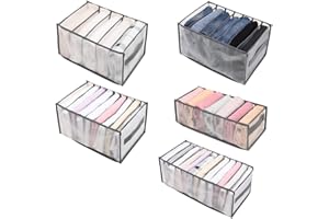 Irishom Lot de 5PCS Rangement Vêtement, Organisateur Tiroir 5 Grilles/7 Grilles/9 Grilles/12 Grilles, avec Compartiments et Poignées, Lavable, pour Vêtements/Jeans d'Adultes ou d'Enfants
