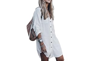 Bsubseach Damski luźny strój kąpielowy z długim rękawem okrycie na guziki koszula plażowa