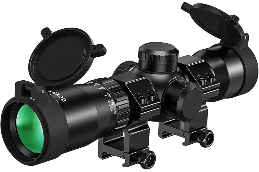 1.5-5x32 Crossbow Scope, 20-100 Yards Ballistic Reticle, 300-450 FPS Red Green Illuminated Optic Crossbow Scope for Hunting