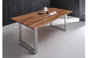‎SAM SAM Esszimmertisch 120x80 cm Quintana, echte Baumkante, naturfarben, massiver Esstisch aus Akazienholz, Metallbeine Silber, Baumkantentisch
