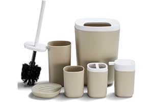 DUFU 6-teiliges Modernes Badezimmer Zubehör Set, Badezimmer Mülleimer Set, enthält Toilettenbürste, Zahnbürstenhalter, Zahnputzbecher, Seifenschale, Mülleimer, Lotionspender Beige