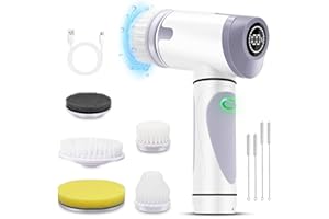 HOJOCOJO Fregadora Giratoria Eléctrico,Cepillo de Limpieza Inalámbrico con 5 Cabezas de Cepillo Reemplazables,Fregador Giratorio Eléctrico con Pantalla LED para Cocina de Baño