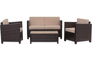 GOODS EMPORIUM 4 Seater Rattan Garden Furniture Set - 4 Piece - Indoor, Outdoor, Patio, Conservatory Sofa/Armchairs & Table (Dark Brown - Dark Cushions)
