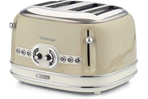 Ariete Vintage 4 Slices Toaster 156, Grille-Pain avec 6 Niveaux de Grillage, Éjection Automatique, Fonction Décongélation, Tiroir Ramasse-Miettes Amovible, Corps en Acier Inoxydable, 1600W, Beige