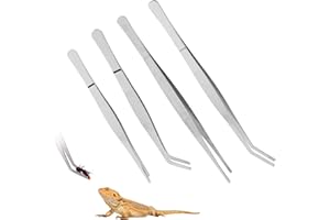 SLSON 4Pcs Reptile Long Feeding Tongs (18cm + 25cm) Stainless Steel Straight & Curved Tweezers, Fish Tank Plants Tool and Crested Gecko Lizard Snakes Feeding Clamps