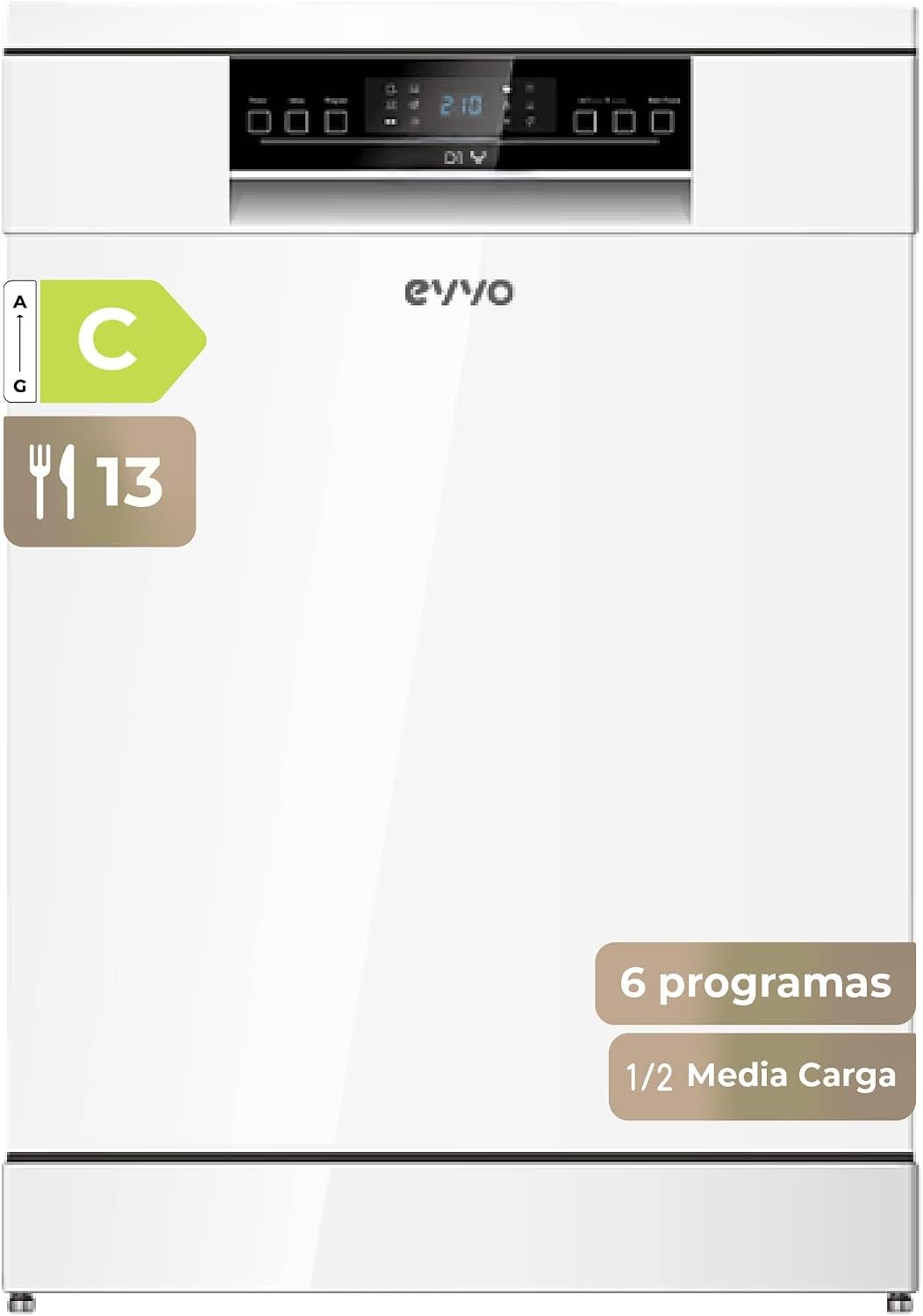 Lavavajillas EVVO D1Y - 60 cm, 13 Servicios, Clase Energética C, 6 Programas, Funcionamiento Silencioso, Apertura Automática, Media Carga, Inicio Diferido 24h, Bloqueo Infantil