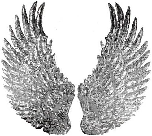 FamilyFirst Tradings 2pcs Large Sequin Guardian Angel Wings Iron On Patches- 18 x 35cm Applique (Silver)