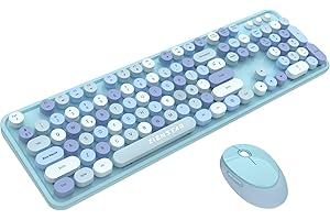 Zienstar-Pack de Teclado y Ratón Inalámbrico Español,Tecla Redondas Retro Vintage,Multicolores-Azul