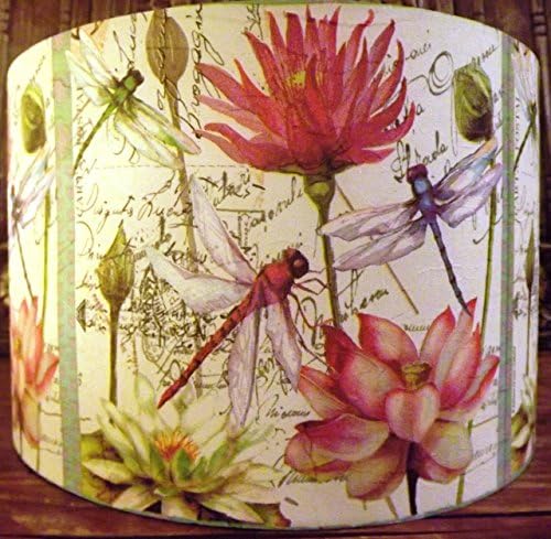 Dragonfly Lampshade lotus blossom, pink floral, old script