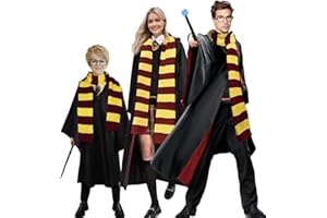 Amycute Costume Sorcier Enfant Adulte Cape Kit Déguisement Accessoire Écharpe Lunette Cravate Collier Sorcier Halloween Carnaval Noël Cosplay