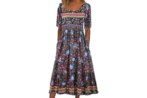 ABYOVRT Damen Kleider Lose Sommerkleid Lang Freizeitkleid Bohe Midikleid für Rundhals Strandkleid Blumenkleid Midi Kleid mit Taschen, S-XXL