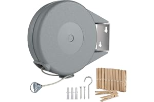 HASTHIP Retractable Clothesline - 30lbs Portable Heavy Duty Indoor and Outdoor Washing Line, 39 Feet PVC Retracting Clothes Line with Wooden Clamp, Wire Clothesline Outdoor Clothesline (Grey)