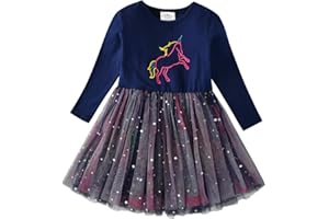 DXTON Fille Robe Licorne Robes Enfant Manches Longues Tulle Robes 2-8 Ans