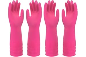 Sibba Rubber Cleaning Gloves, 2 Pairs Kitchen Dishwashing Glove, Reusable Waterproof Cleaning Rubber Gloves, Non-Slip Household Cleaning Long Gloves Rose red