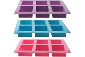PTJJXA 3 Pièces Moule à Savon Rectangulaire en Silicone, 6 Cavités Moule Savon Fait Maison, Doux et Facile à Libérer, Moule Barre de Céréales Carr pour Savon, Gâteaux, Brownie, Muffins (Rose, Bleu, Violet)