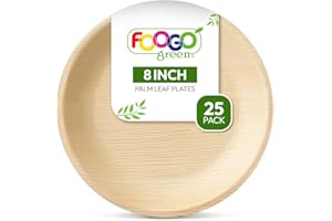 FOOGO Green 25 Platos Desechables de Hoja de Palma, 8" (20 cm) Medianos y Redondos, Ecológicos, Biodegradables y Compostables, Como Platos de Madera, Platos de Papel.