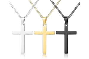 JeweBella 3PCS Cross Pendant Necklaces for Men Women Stainless Steel Smooth Cross Necklace Set Cross Cuban Chain Necklaces Religious Gifts Jewellery for Boy Silver/Gold/Black