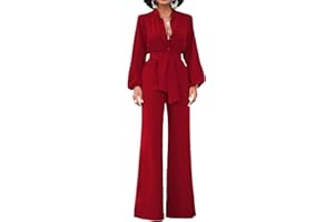 Minetom Femmes Jumpsuits Combinaisons Col V Large Jambes Manches Longues Long Barboteuse Pantalon Avec Ceinture Navettage Élégant