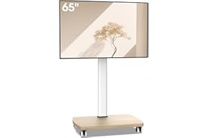 AOKCOS TV-stativ på hjul med träbas, rullbart TV-golvstativ för 32–65 tums TV, höjdjusterbart, ±30° svängbart och -2° till +10° lutningsbart, upp till 40 kg, VESA 100x100–400x400 mm