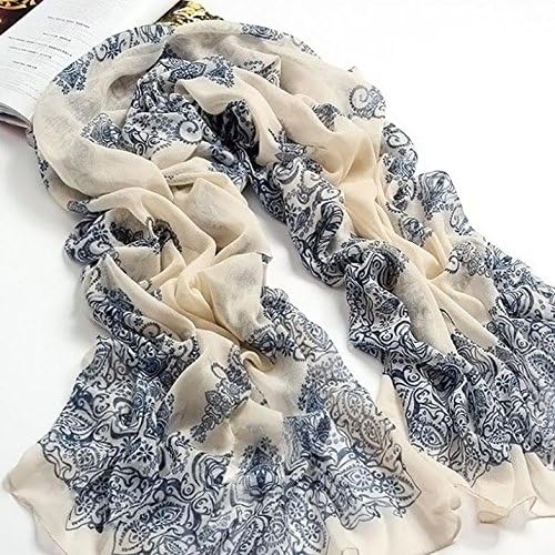 CS PRIORITY Women Scarf 160*70cm High quality Blue and White Porcelain Style voile Shawl 100% polyester(Beige)
