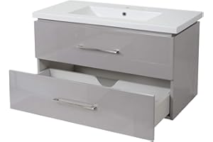 ‎MENDLER Mendler Premium Waschbecken + Unterschrank HWC-D16, Waschbecken Waschtisch, Hochglanz 90cm - grau