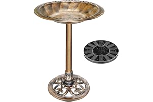 VIVOHOME Baño para Pájaros de Poliresina con Fuente Solar 2 en 1 Baño para Pájaros Antiguo para Jardín al Aire Libre Cuenco para Beber y Comer Pájaros Silvestres