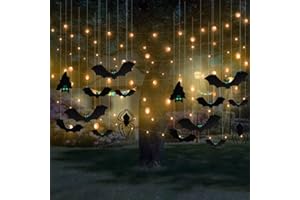 JOKBEN 16pcs Hanging Bats and Spiders Halloween Decorations Outdoor - Large Flying Bats with Glowing Eyes, Scary Bat Decor for Front Door Lawn Porch Yard Tree Halloween Party Supplies, Black
