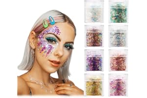 YINVA Unicon Chunky Glitter Face Glitter Faces and Bodies Holographic Cosmetic Hexagons Glitter Ultra-Thin Glitter Hair and Nails 8 Colour for Festival Christmas