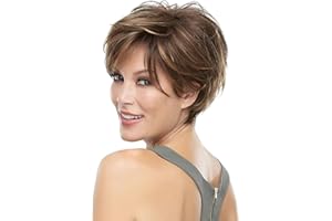 QUEENTAS Short Hair Wigs for Women Brown Pixie Bob Wig Pixie Cut Wig for Women Synthetic Hair Wigs with Bangs Daily or Cosplay (Dark Brown Highlingt Blonde)
