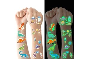 FLYFTREY Tatuaż dla dzieci, 20 arkuszy świecących dinozaurów, zestaw tymczasowych tatuaży, świecące w ciemności, wodoodporne, przyjazne dla skóry tatuaże dla dzieci, akcesoria imprezowe na urodziny dziecka