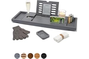 Temple Spring Plateau Baignoire Bois, Accessoires Salle De Bain Bambou, Tablette Baignoire, Plateau De Bain, Spa Bath Bridge - Gris Ardoise