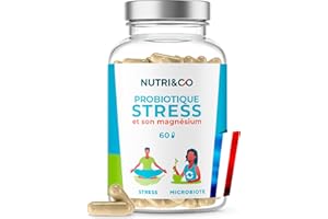 Probiotiques Anti-Stress - Axe Intestin Cerveau - Équilibre Flore Intestinale, Anxiété, Angoisse - Souches Brevetée + Magnésium Bisglycinate 60 Gélules Vegan - Fabriqué en France - Nutri&Co