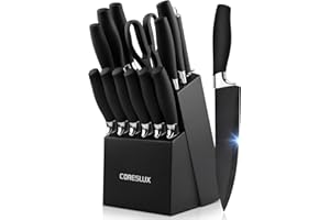 CORESLUX Bloc de couteaux 15 pièces, Ensemble de couteaux en acier inoxydable aiguisé avec bloc, Ensemble de couteaux de cuisine avec couteau de chef, Revêtement antiadhésif, Manche ergonomique, Noir