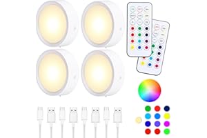 Zawaer Spot LED Rechargeable USB 4 PCS, Veilleuse Cuisine Sans Fil Escalier Placard Couleur Lampe,13 Couleurs Dimmable, avec Télécommandes, Magnétique, Minuterie (avec Autocollant en Métal)