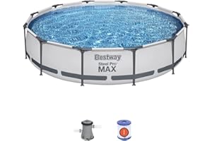 Bestway Steel Pro Pool Swimming Pool, Round Above Ground Garden Frame Pool, Multiple Sizes, 12' x 30"/3.66m x 76cm, Grey