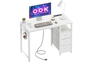 ODK Escritorio con Puerto y Toma de Carga USB, 100x48x75,5cm Escritorio para Ordenador con 3 Cajones de Tela, Mesa de Oficina, Mesa de Oficina de Madera para Oficina, Salón, Hogar, Oficina, Blanco
