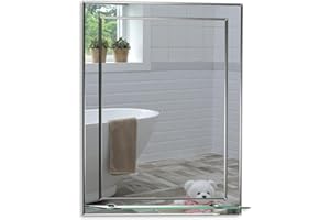 Neue Design Mood Rectangular Bathroom Mirror with Shelf, Wall Mounted & Double Layer of Glass, Modern & Stylish with Contemporary Bevelled Edges (50cm x 40cm)