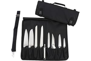 Tosnail Messertasche mit 15 Fächern, Kochmesser Rolltasche, Messerkoffer mit Tragegriff und Schultergurt - Schwarz Messer-Rolltasche für Camping Wandern